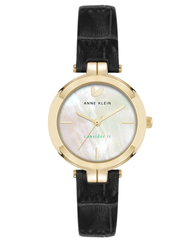 Anne Klein Women's Sustainable Leather Strap Watch, AK/5150,Black/Gold