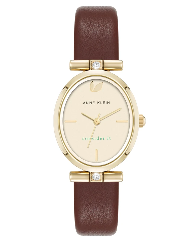 Anne Klein Women's Premium Crystal Accented Sustainable Leather Strap Watch,Brown/Gold