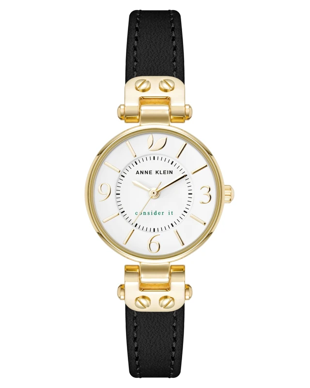 Anne Klein Women's Sustainable Leather Strap Watch, AK/5144,Black/Gold