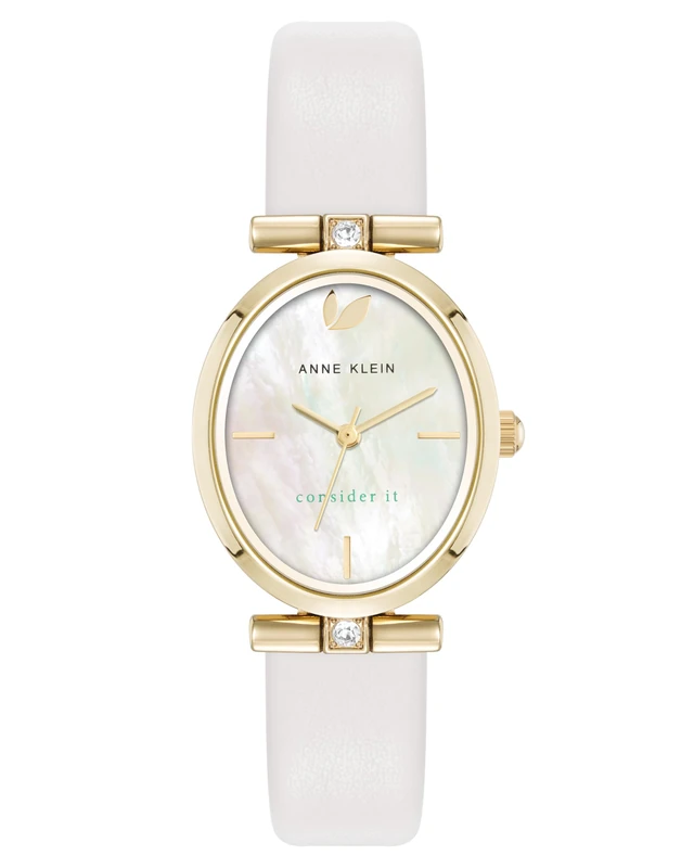 Anne Klein Women's Premium Crystal Accented Sustainable Leather Strap Watch,Ivory/Gold