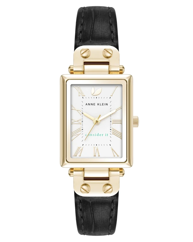 Anne Klein Women's Sustainable Croco-Grain Leather Strap Watch, AK/5152,Black/Gold