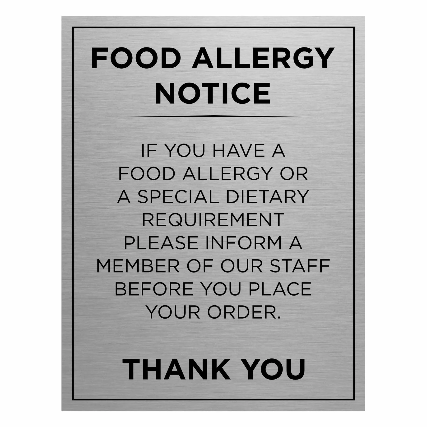 Food Allergy Notice Slimline Aluminium Sign by Viro Display – 200 x 260mm – Brushed Silver Aluminium – Durable Printed Surface – Self-Adhesive Fixing for Restaurants & Cafes