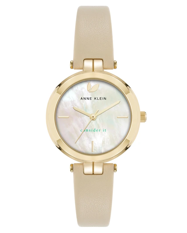 Anne Klein Women's Sustainable Leather Strap Watch, AK/5150,Beige/Gold