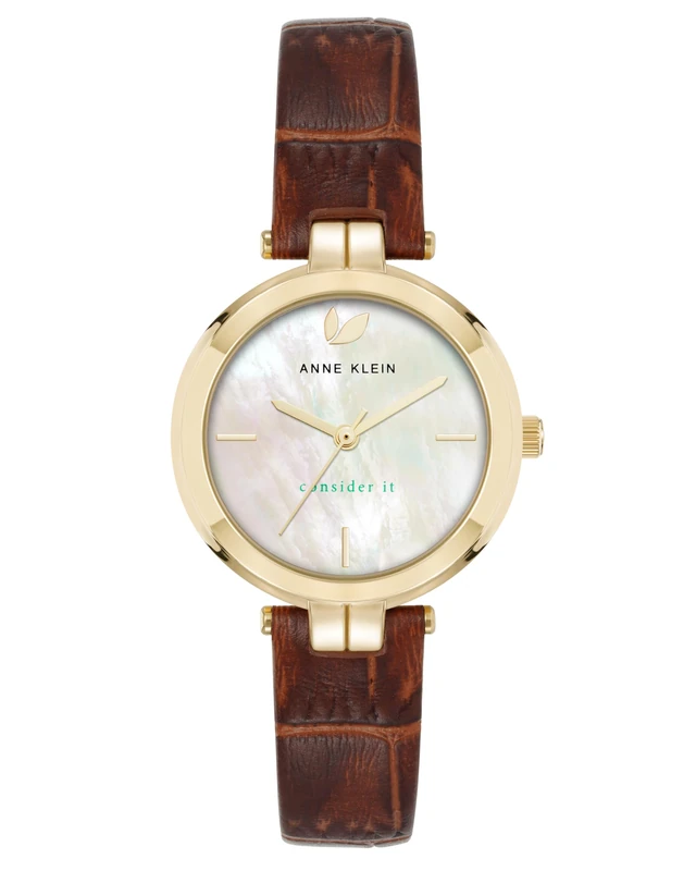 Anne Klein Women's Sustainable Leather Strap Watch, AK/5150,Brown/Gold