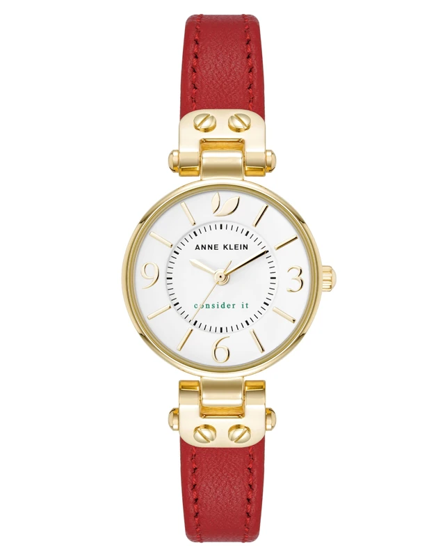 Anne Klein Women's Sustainable Leather Strap Watch, AK/5144,Red/Gold