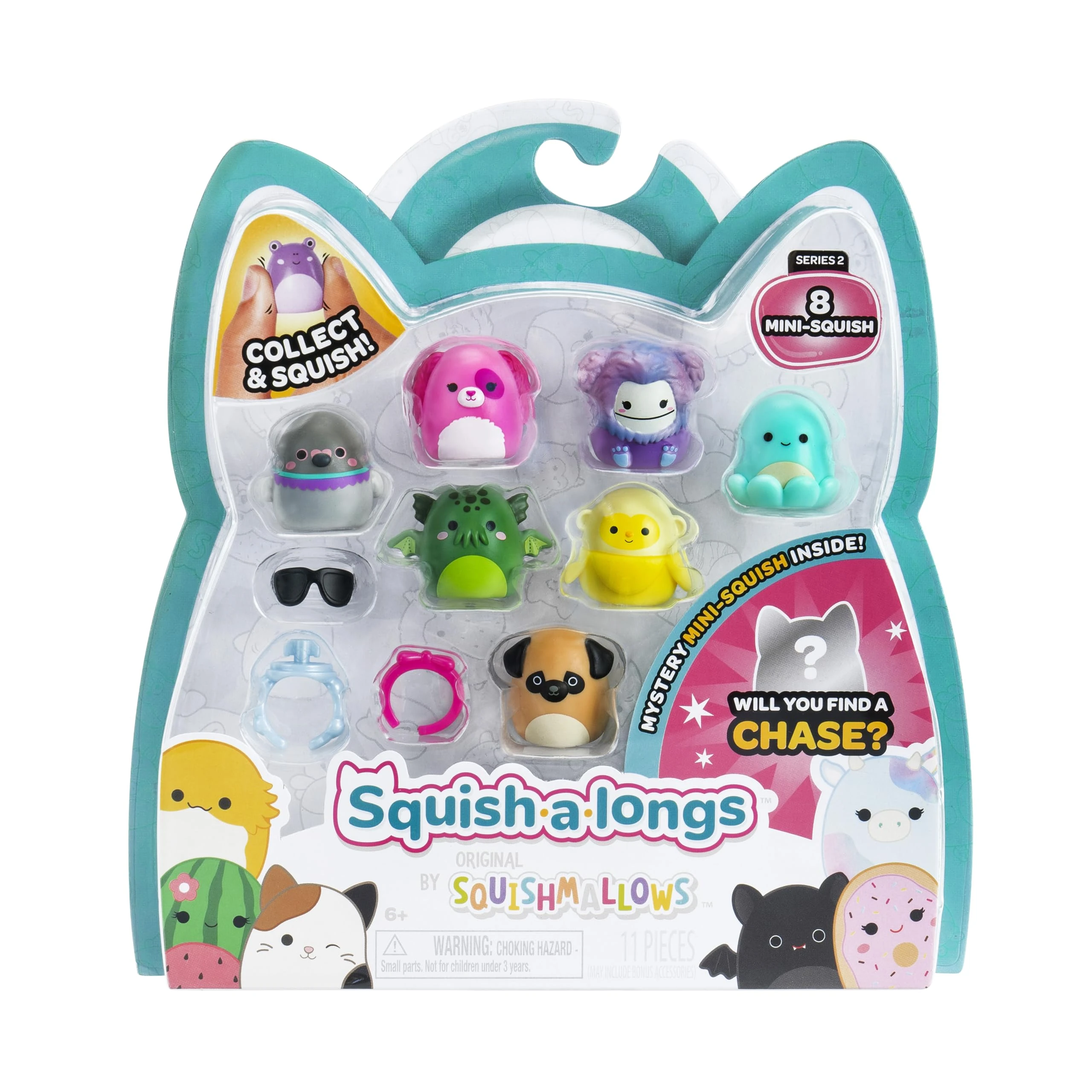 Squish-a-longs 8 Pack (STYLE 1- W2) - (8) 1” Mini-Squish with (2) Accessories, (1) Ring, and a Collector’s Guide - Collect, Trade, & Play
