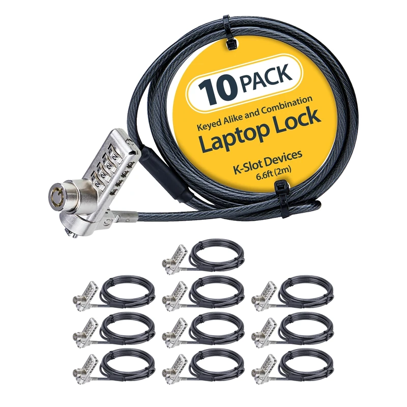 StarTech.com 10-Pack Dual-Access Laptop Lock, 6.5ft (2m) Keyed Alike and Combination Security Cable Lock for K-Slot Devices