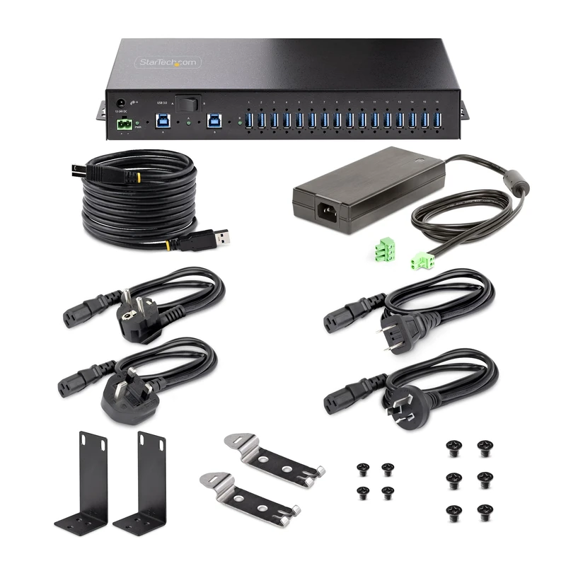 StarTech.com 16-Port Industrial USB 5Gbps Hub with Power Adapter, Metal, DIN/Surface/Rack Mountable, Dual-Host Hub/Switch