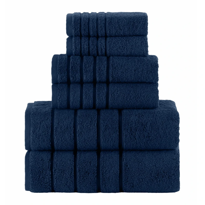 Elegant Comfort 4 Lines Viscose Stripe 6-Piece Premium Towel Set - 100% Turkish Cotton High Absorbent Luxury Bathroom Towels – Includes 2 Washcloths, 2 Hand Towels and 2 Bath Towels Set, Navy Blue