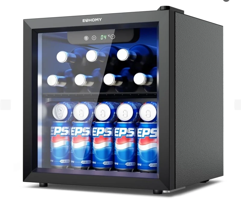 EUHOMY Beer Fridge with Glass Door, Mini Drinks Fridge 55 Can, Wine Fridge with Blue LED, Beverage Refrigerators, Removable Shelves for Bar/Home/Office/Dorm, Black, 36 L [Energy Class G]