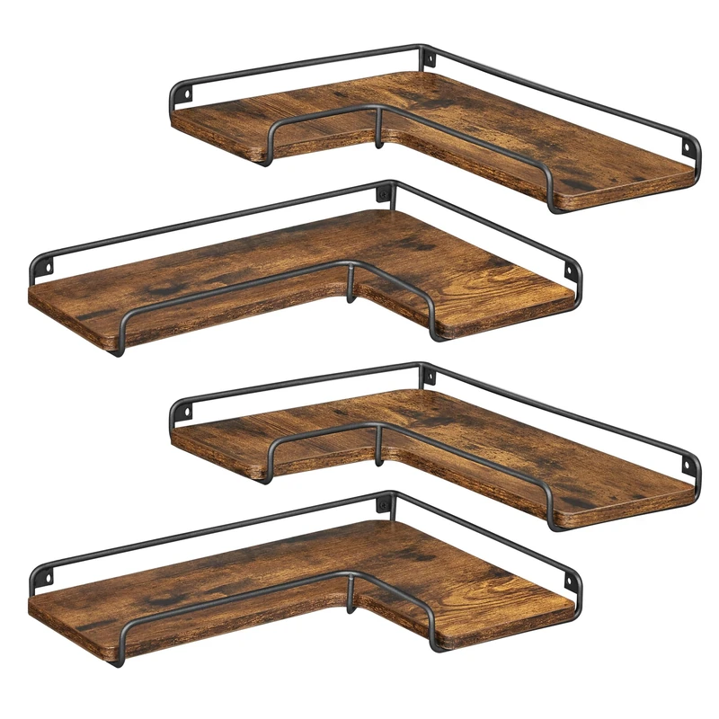VASAGLE L-Shaped Corner Shelf, Set of 4, Wall Shelf, Floating Shelf, Industrial Style, Living Room, Bedroom, Kitchen, Rustic Brown and Black LLS832B01