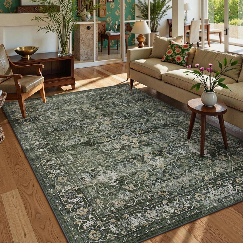Lahome Washable Area Rugs 5x7 - Green Rugs for Living Room, Bedroom & Dining Room - Distressed Non Slip Low Pile Carpet for Indoor Home Office Nursery (5'x7')