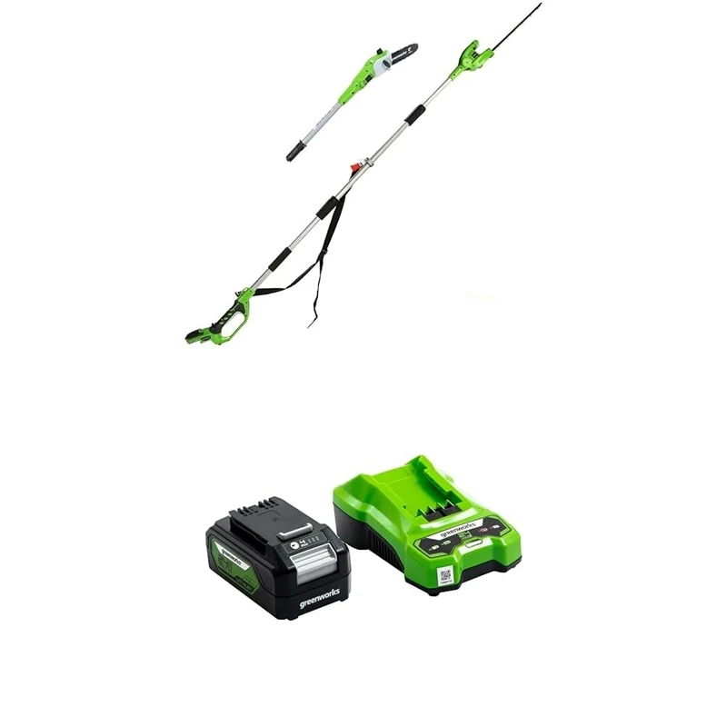 Greenworks 24V Cordless 2-in-1 Pole Saw and Hedge Trimmer, 20cm Bar, 51cm Dual Action Blades, 4Ah Battery & Charger, 3 Year Warranty G24PSHK4