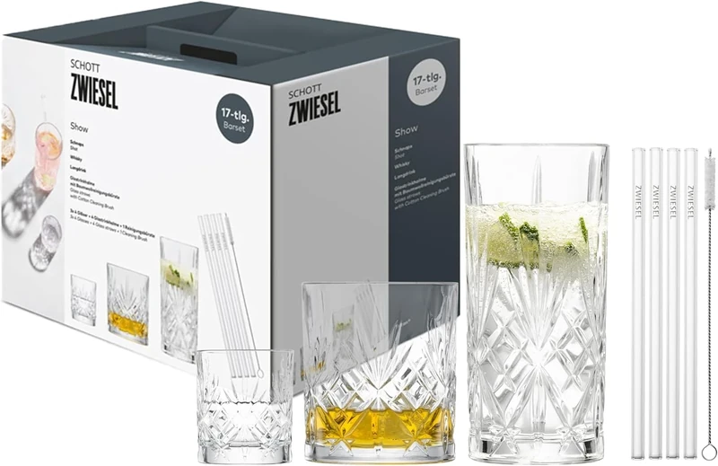 Schott Zwiesel 17-Piece Bar Set Show, Each with 4 Graceful Long Drink, Whiskey and Shot Glasses with Relief, 4 Glass Straws and 1 Cotton Brush, Dishwasher-Safe Crystal Glasses (Art. no. 124010)