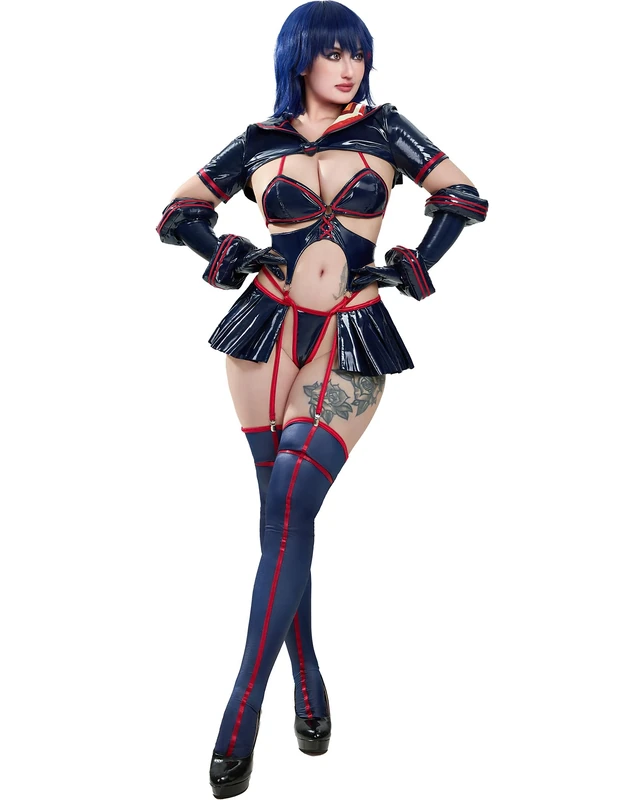 Mobbunny Women's Anime Cosplay Costume Cutout Bodysuit and Top with Hand Ring and Pleated Skirt Halloween Cosplay