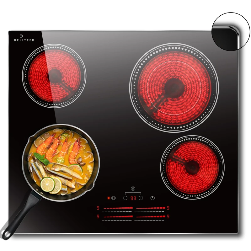 DELITEER 60cm 4-Burner Glass Ceramic Hob - 6600W, Double Ring, Frame