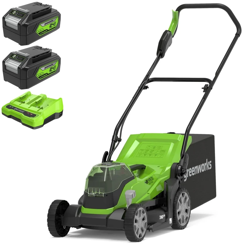 Bundle of Greenworks Lawn Mower 2x24V(48V) Cordless Lawnmower G24X2LM36 + Greenworks 24V Batteries and Dual Slot Charger GSK24B2X