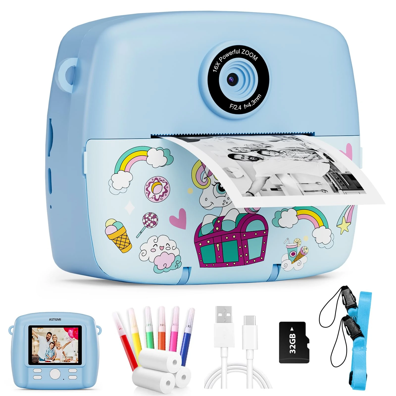 ASTGMI Kids Camera Instant Print Camera for Boys,1080P HD Kids Digital Camera with Color Pens, 3 Rolls Print Paper,Kids Birthday Gifts Toys for 3 4 5 6 7 8 9+ Year Old(Blue)