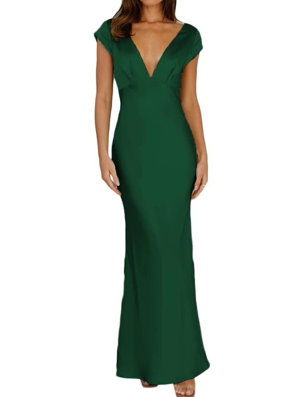 Halfisland, Satin Summer Dress with V-Neck and Short Sleeves, for Women, Back, Maxi Length, Elegant Dress with Twist and Cut-Out Design, Ideal as a Wedding Guest Outfit, Emerald, S