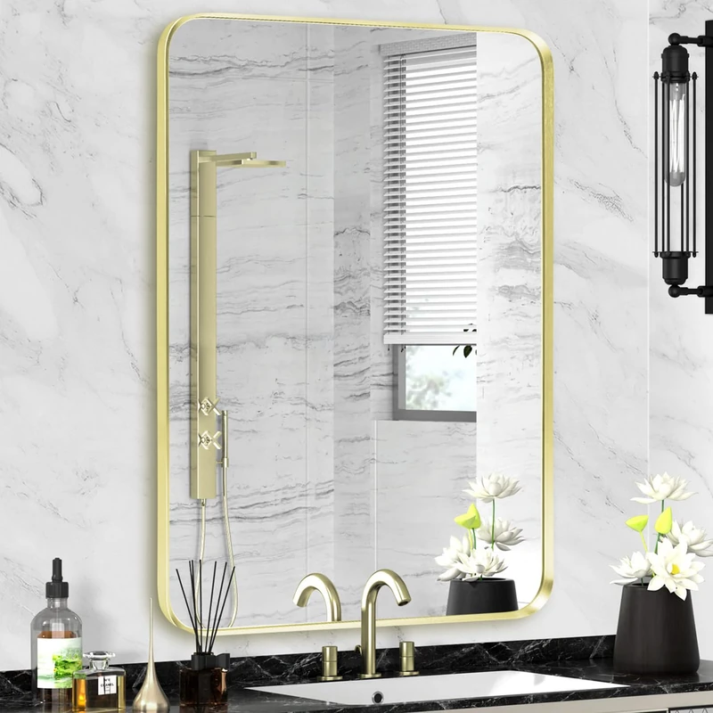 Minuover Wall Mount Mirror for Bathroom, Brushed Gold Metal Framed Rounded Corner Rectangular Vanity Mirror, Tempered Glass (28" x 36", Gold)