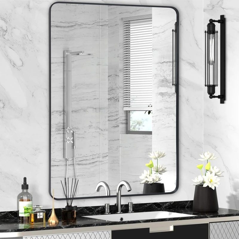Minuover Black Metal Framed Bathroom Mirror for Wall, Large Brushed Matte Black Rounded Corner Rectangular Bathroom Vanity Mirror, Anti-Rust, Tempered Glass (28" x 36", Black)