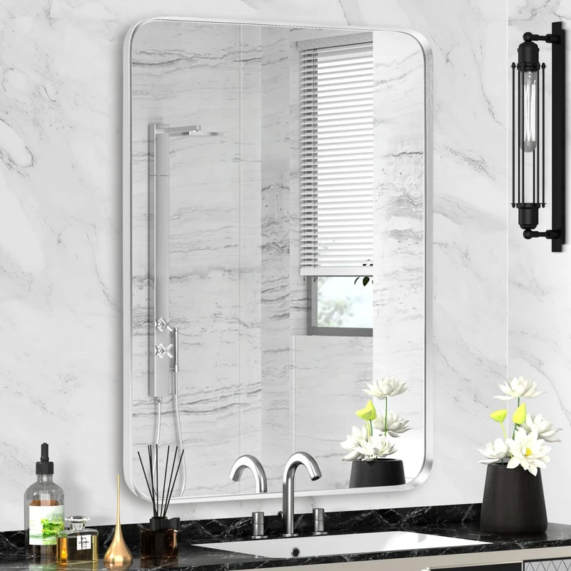 Minuover Silver Framed Bathroom Mirror, Brushed Nickel Rounded Corner Rectangle Wall Mirror, Tempered Glass, Shatter Proof, Anti-Rust, Hangs Horizontally or Vertically (24" x 32", Silver)