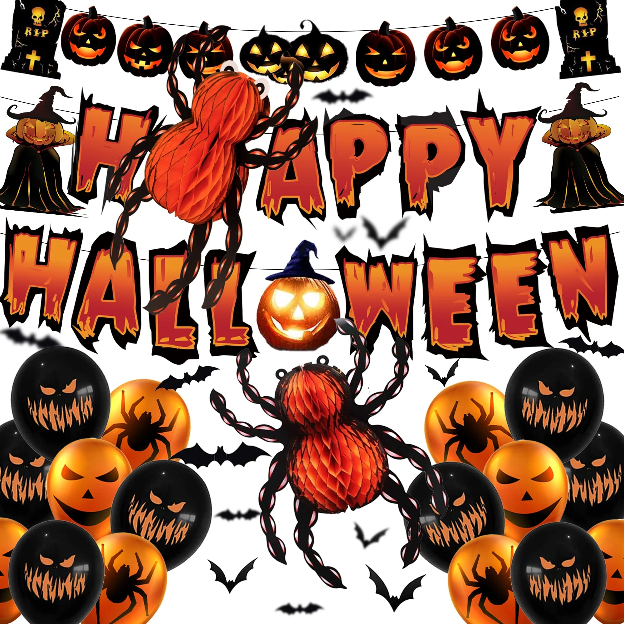YBwanli halloween party decorations, halloween decorations set indoor, Include:Big Spider, pumpkin garland, banner, balloons, bats, A fun set of Halloween decorations