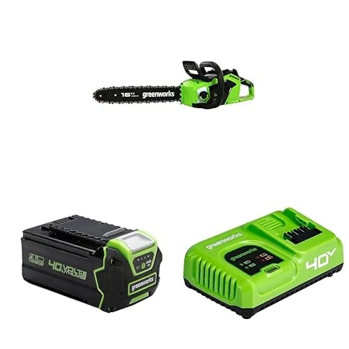 Greenworks GD40CS18K2X Cordless Chainsaw with Brushless Motor, 40cm Bar Length, 20m/s Chain Speed, 3.81kg, Auto-Oiler, Kickback Protection, Two of 40V 4Ah Batteries & 5Ah Charger, Green