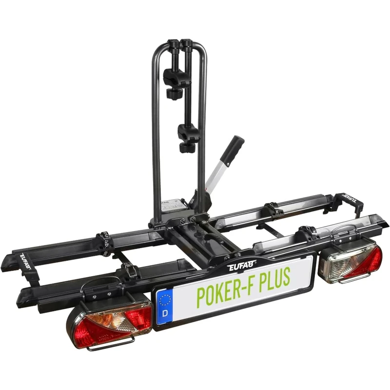 EUFAB 12012LASON Poker-F Plus Bicycle Carrier Exclusive on Amazon with Lockable Frame Holders, E-Bike Suitable, Fully Pre-Assembled, for 2 Bikes, for Tow Bar, Black