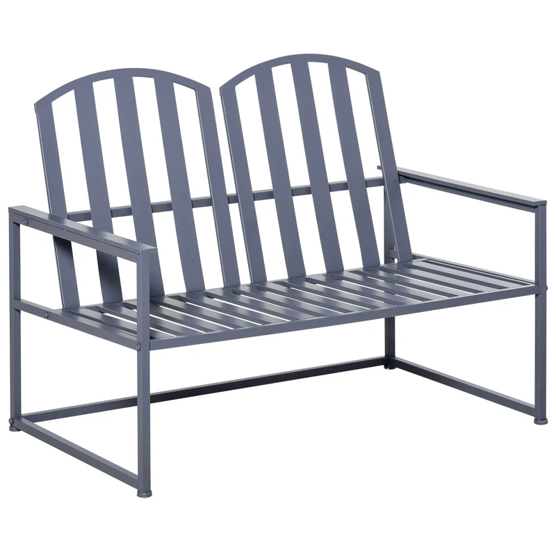Outsunny Metal Garden Bench, 2 Seat Outdoor Bench, Park Loveseat Chair with Decorative Slatted Design for Yard, Deck, Grey