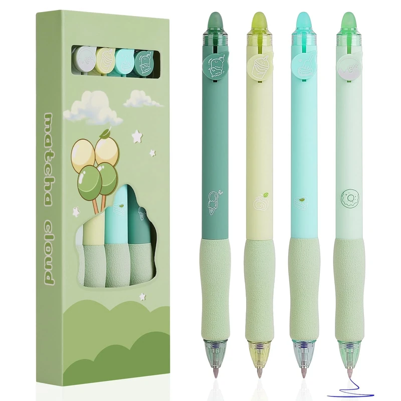 OFFCUP Erasable Gel Pens, 4pc 0.5mm Blue Gel Ink Eraser Pens, Cute Rollerball Retractable Pen for Kids Adults Writing Stationary (Matcha Cloud)