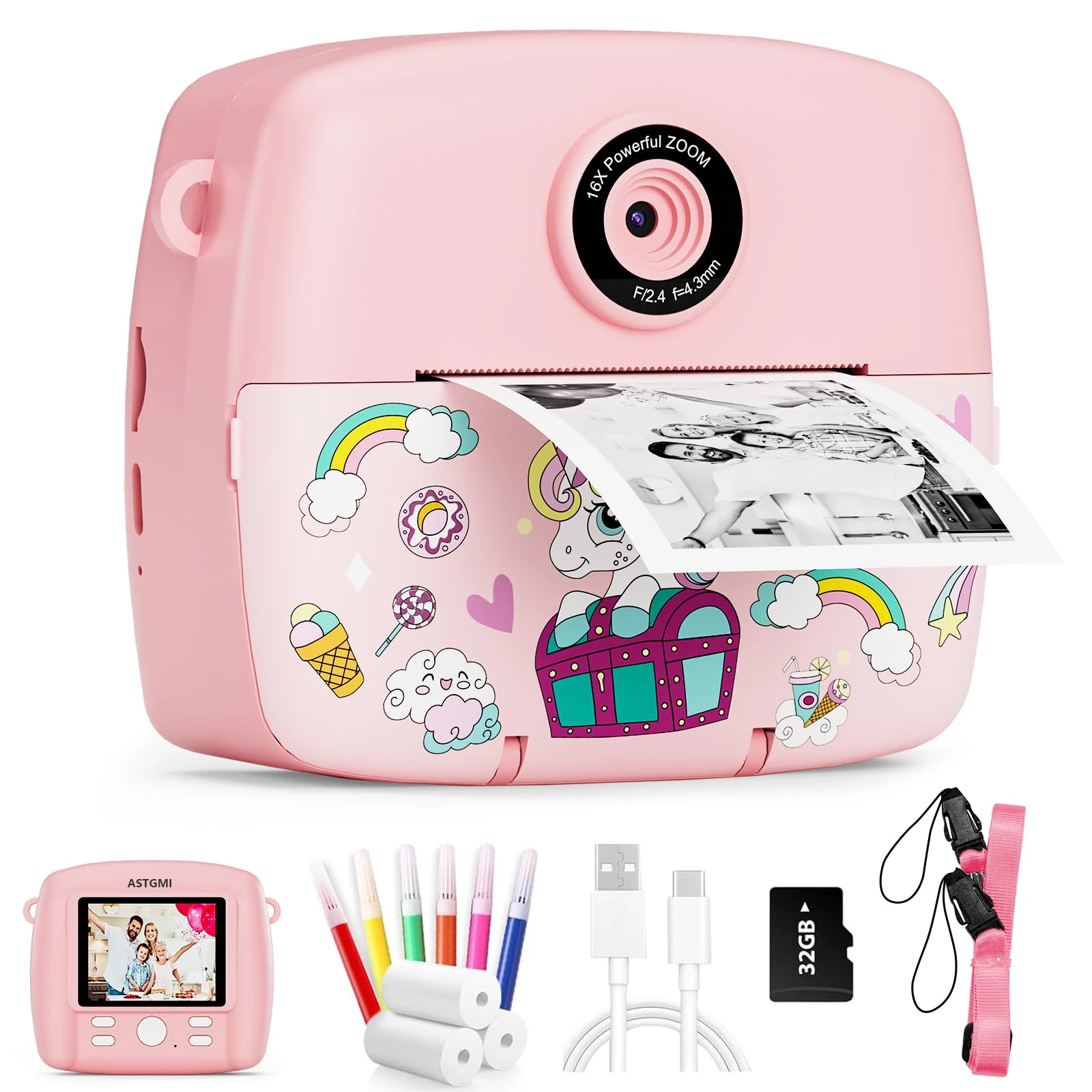 ASTGMI Kids Camera Instant Print, 1080P HD Digital Instant Camera for Kids with Color Pens, 3 Rolls Print Paper, Girls Birthday Gifts Toys for 3 4 5 6 7 8 9+ Year Old (Pink)