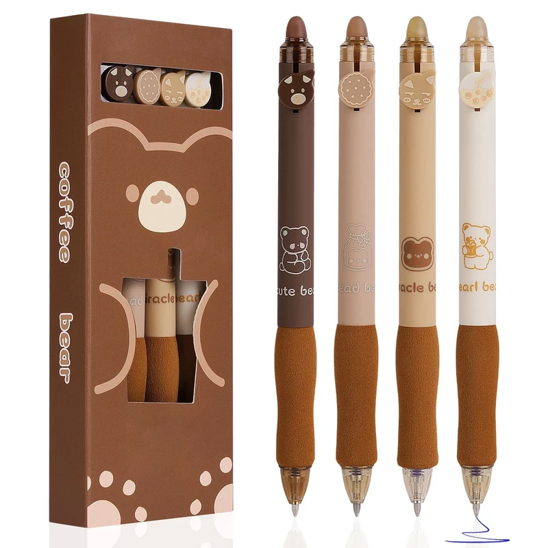 OFFCUP Erasable Gel Pens, 4pc 0.5mm Blue Gel Ink Eraser Pens, Cute Rollerball Retractable Pen for Kids Adults Writing Stationary (Coffee Bear)