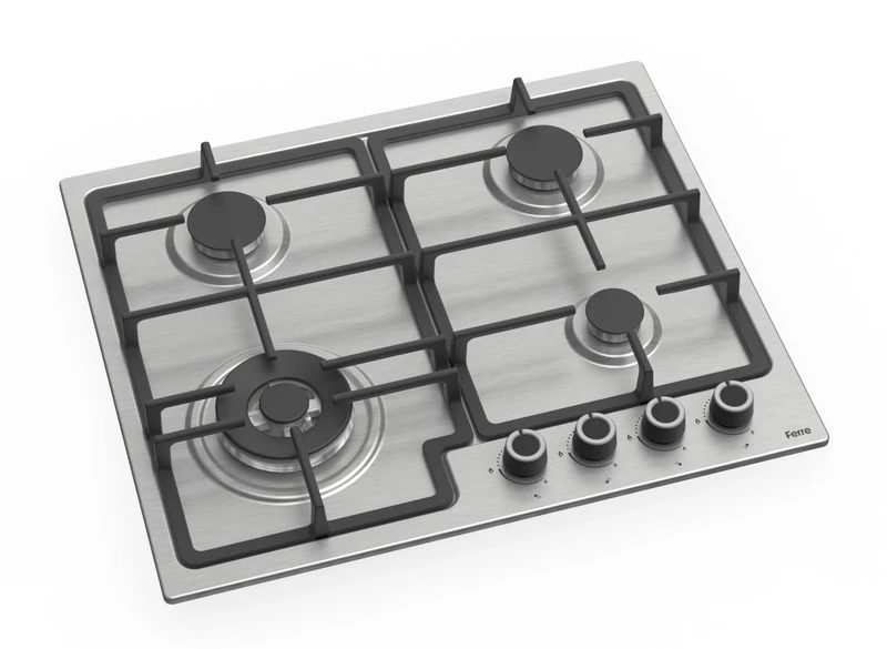 Ferre EL015/W - 60cm Built-in Gas Hob - Stainless Steel Body - Cast Iron Pan Supports- Wok Burner
