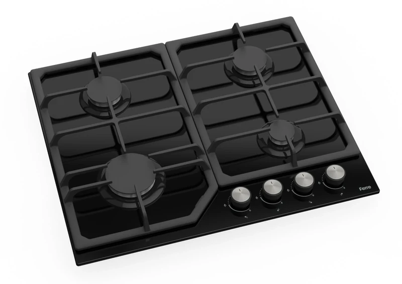 Ferre SA025-60cm Built-in Gas Hob - 4 Burners - Black Glass - Cast Iron Pan Supports