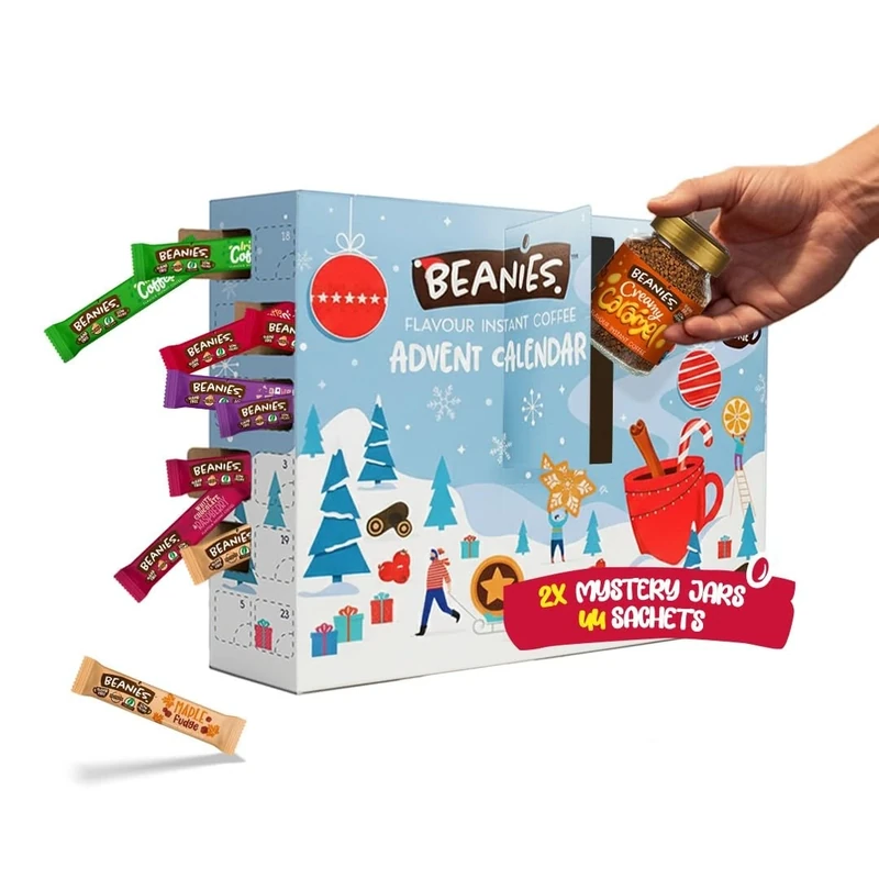 Beanies Advent Calendar- Mystery Instant Coffee Jars x2, Assorted Flavoured Instant Coffee Sachets x 46, Gift for Christmas, Christmas Countdown Gift Set, Secret Santa, Festive Gifts