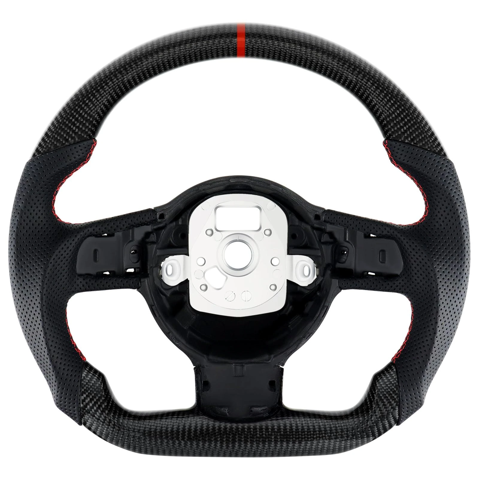 Acclcors Carbon Fiber Steering Wheel, D-Shaped Flat-Bottomed Steering Wheel with Red Stitching, Perforated Leather Grips for Audi 2007-2015 for TT for TTRS for R8