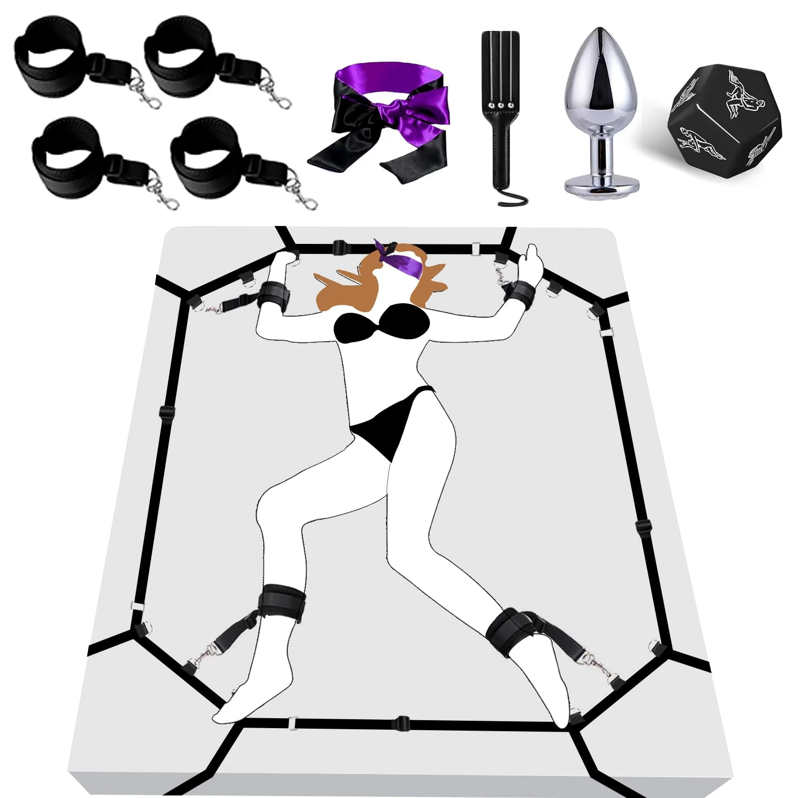 Sex Bondage Restraints BDSM Toys, Versatile Bed Restraints Sex Toys with Straps Bondage Cuffs Blindfold & Paddle Sex Dice BDSM Kit, Adult Sex Toys Bondage Gear & Accessories for Couples Game