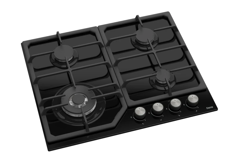 Ferre SA025/W - 60cm Built-in Gas Hob - 4 Burners - Wok Burner - Black Glass - Cast Iron Pan Supports