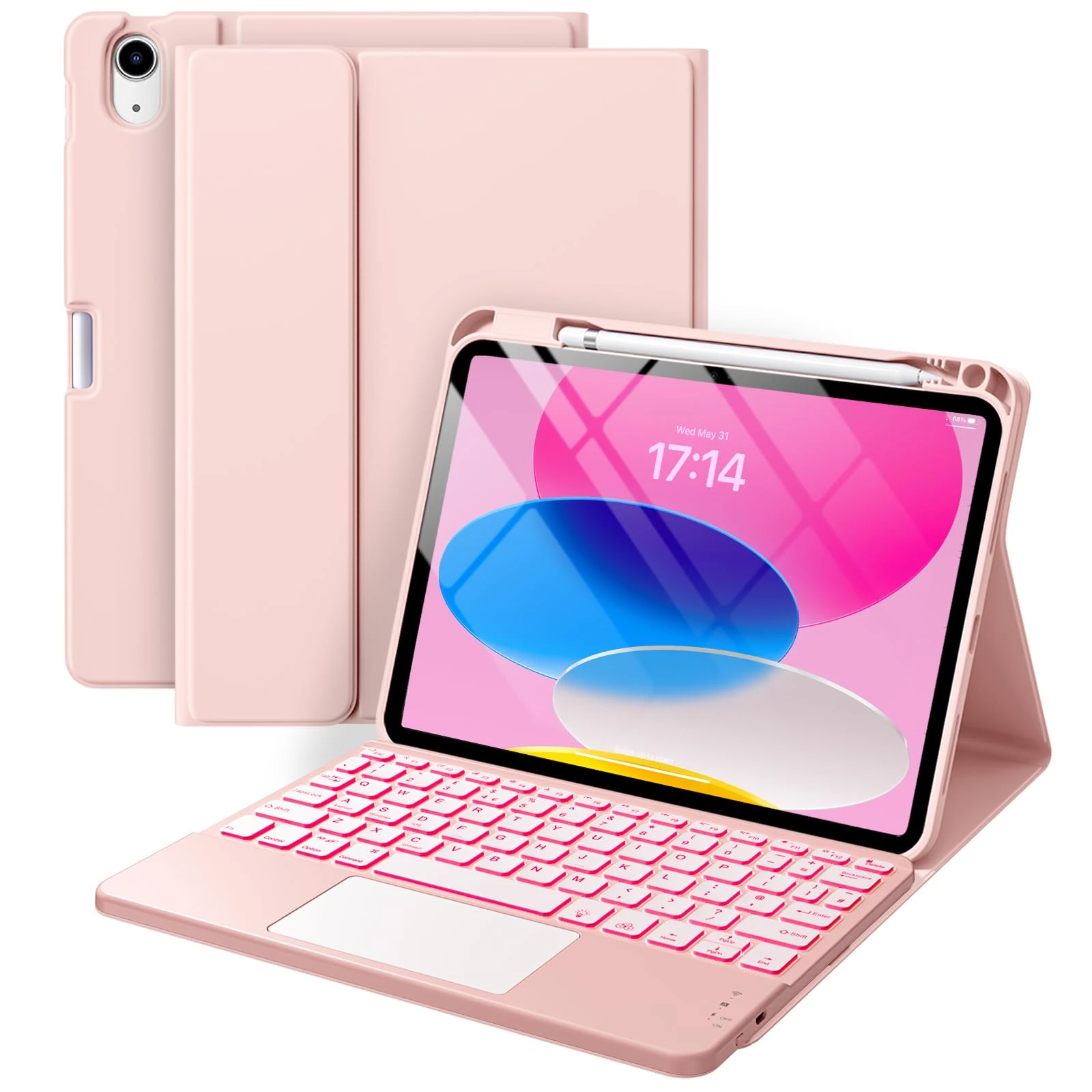 Vobafe Keyboard Case for A16 11th Generation 2025/iPad 10th Gen 2022(11/10.9 inch), 7 Colors Backlit, Detachable Multi-Touch Trackpad Keyboard with Pencil Holder for iPad 11th/10th Gen, Light Pink