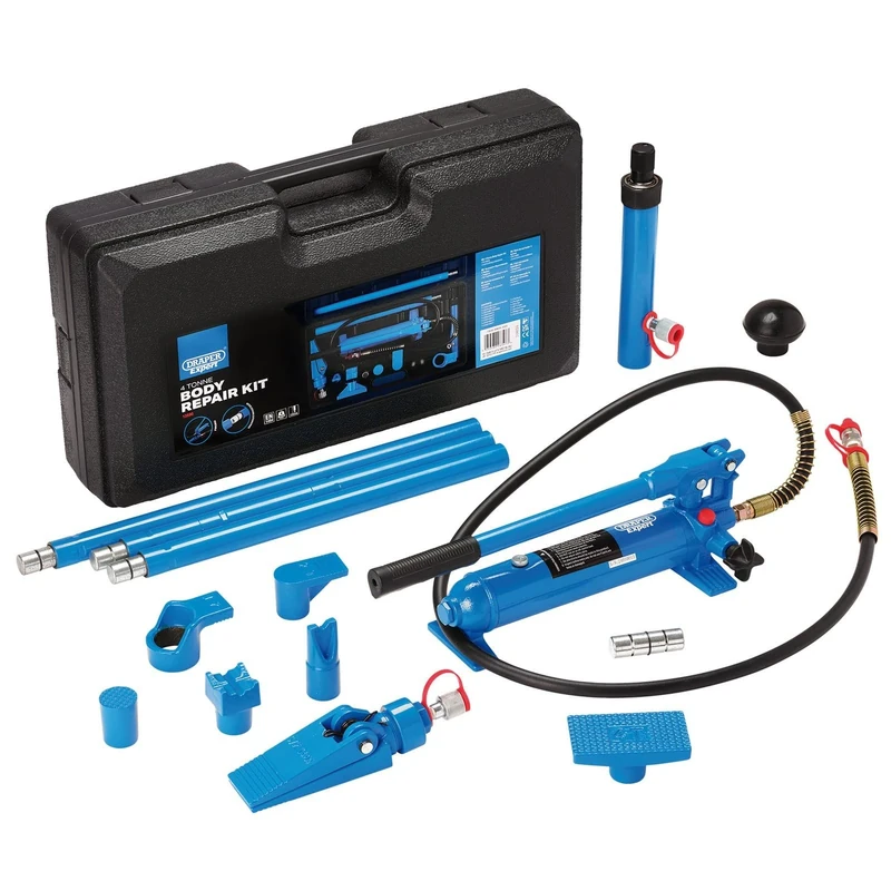Draper 15 Pcs Hydraulic Body Repair Kit, 4 Tonne, Fixes Dents, Portable - 13590, Blue and Black