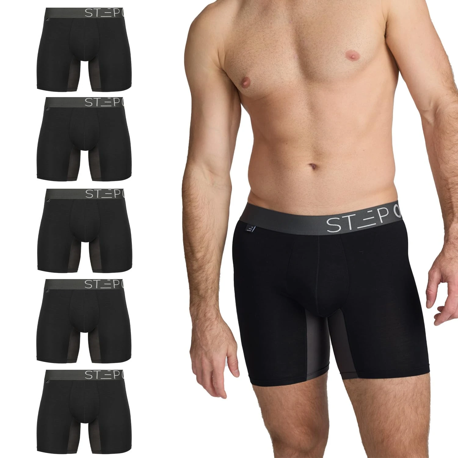 STEP ONE Mens Boxers Shorts Multipack, 5 Pairs, Anti Chafing Underwear for Men, Moisture-Wicking Boxer Shorts with 3D Pouch. Fabric Made from Organic Bamboo Black and Grey 2XL