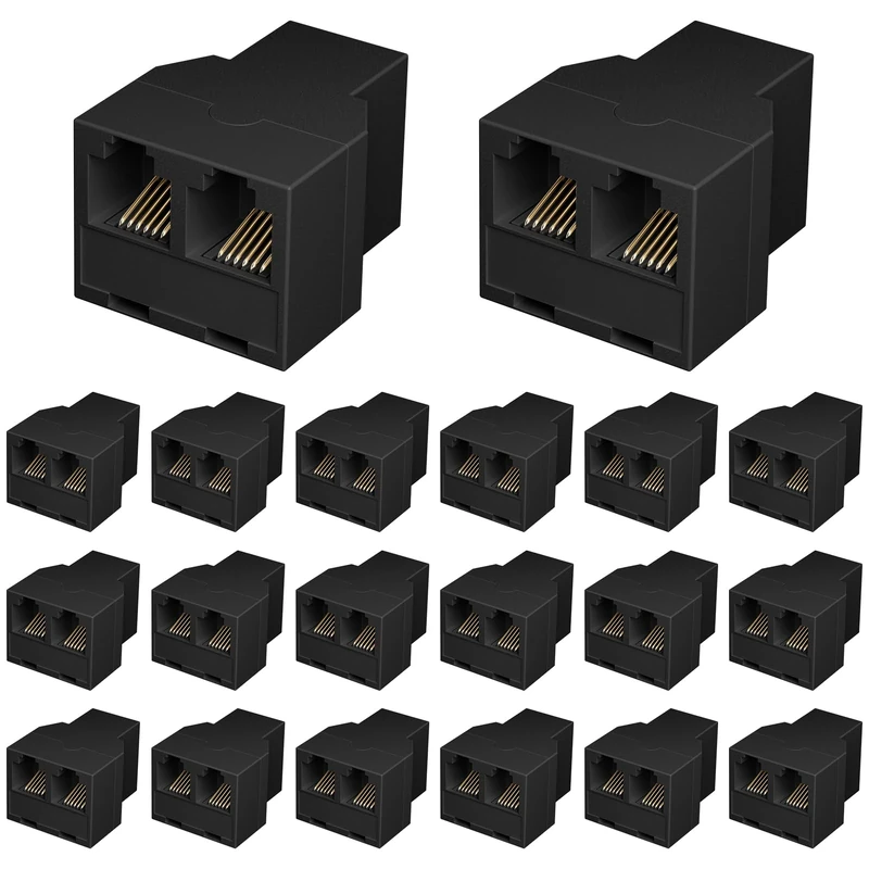 Awishwell Phone Line Splitter for Landline, 20 Pack RJ12 6P6C Plug with 3Female Phone Jack Splitter 1 in 2 Out, Two Way Telephone Line Connector, Black