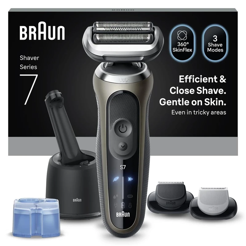 Braun Series 7 Electric Shaver for Men, Wet & Dry Shave, Waterproof Foil Shaver with Beard Trimmer & Body Groomer plus Clean & Charge SmartCare Center, Engineered in Germany, Gold, 72-C7650cc