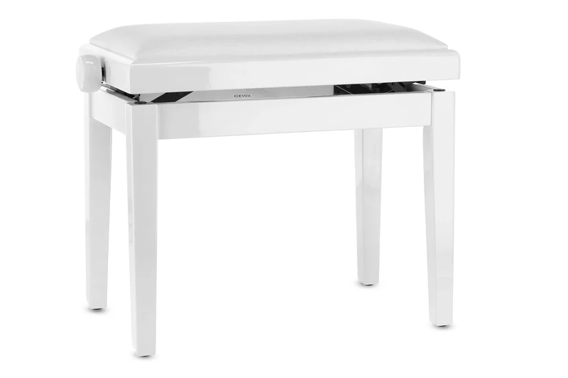 GEWA piano bench deluxe vinyl - white high gloss - solid wood - vinyl seat cover - 52x30cm seat - height adjustable - high strength fixation - 2t breaking load