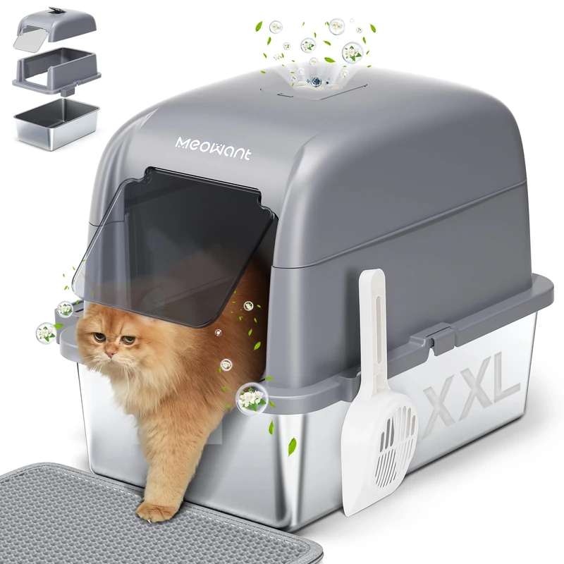 MeoWant Cat Litter Box with High Sided Stainless Steel with Lid, Enclosed Metal Litter Pan for Big Cat, Never Absorbs Odor, Non Stick Surface, XXL Extra Large Litter Tray, Detachable, Easy Clean, Grey