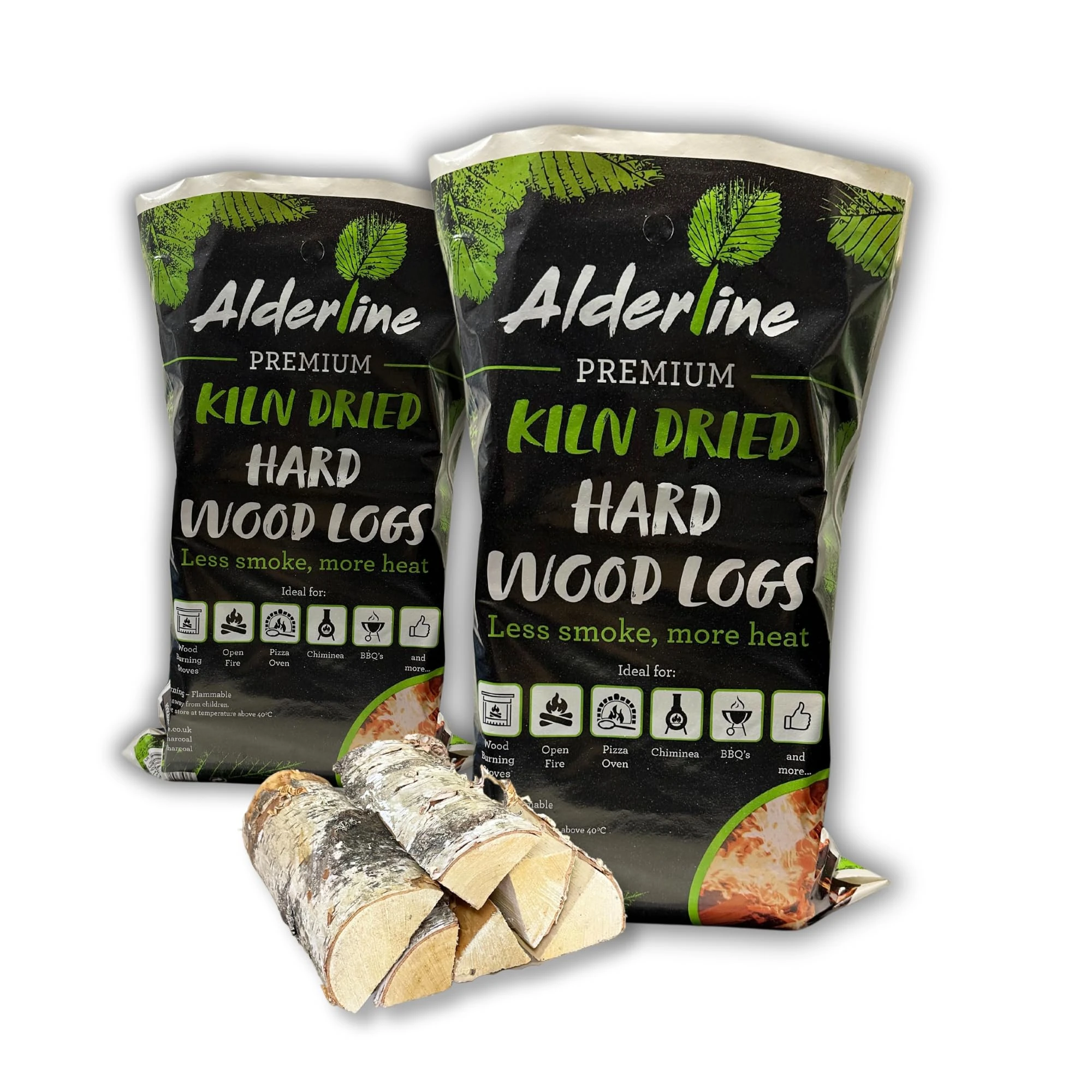 Alderline Kiln-Dried Birch Hardwood Logs 25 L - Ready to Burn firewood - Smokeless fire logs for wood burners, Stoves, Fire Pits, and More! - Pack 2