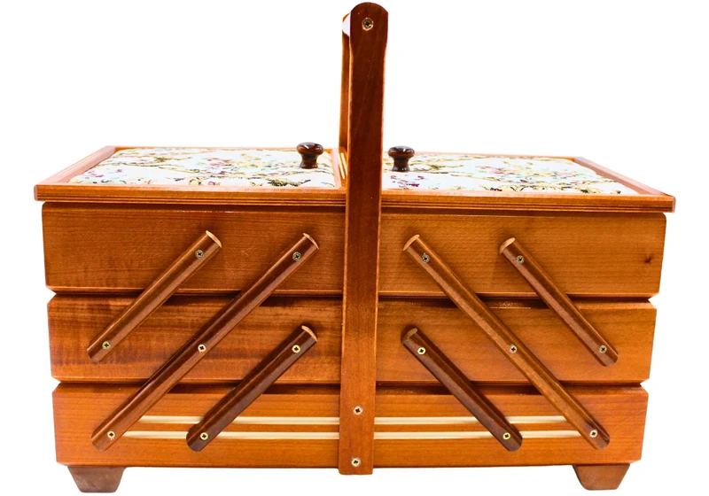 High Quality Sewing Box Veneer Wood with 7 Compartments and Mahogany Rose Motif Fabric Cover 42 x 20 x 21 cm - Image 1