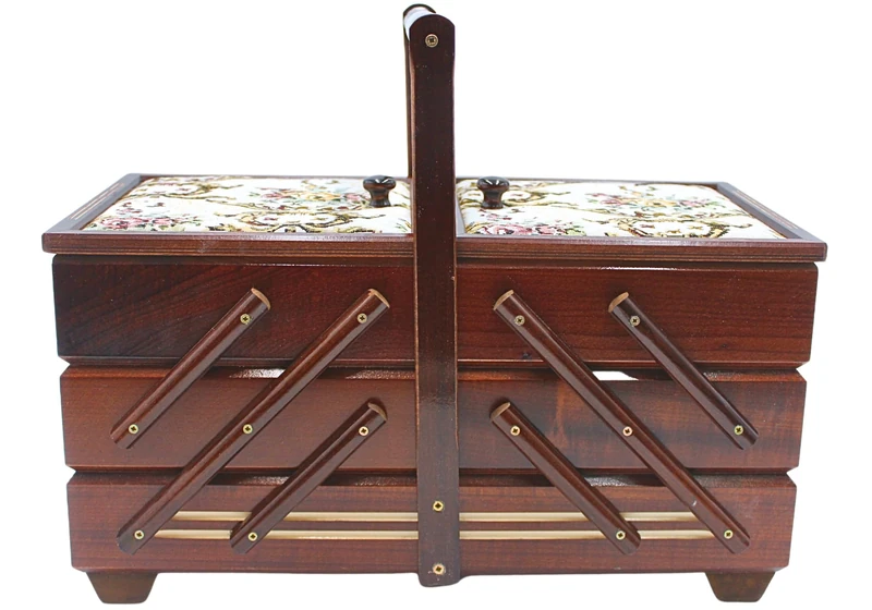 High-Quality Sewing Box, Sewing Box Made of Veneer Wood with 7 Compartments and Fabric Cover Rose Motif in Brown, L/W/H 42 x 20 x 21 cm - Image 1