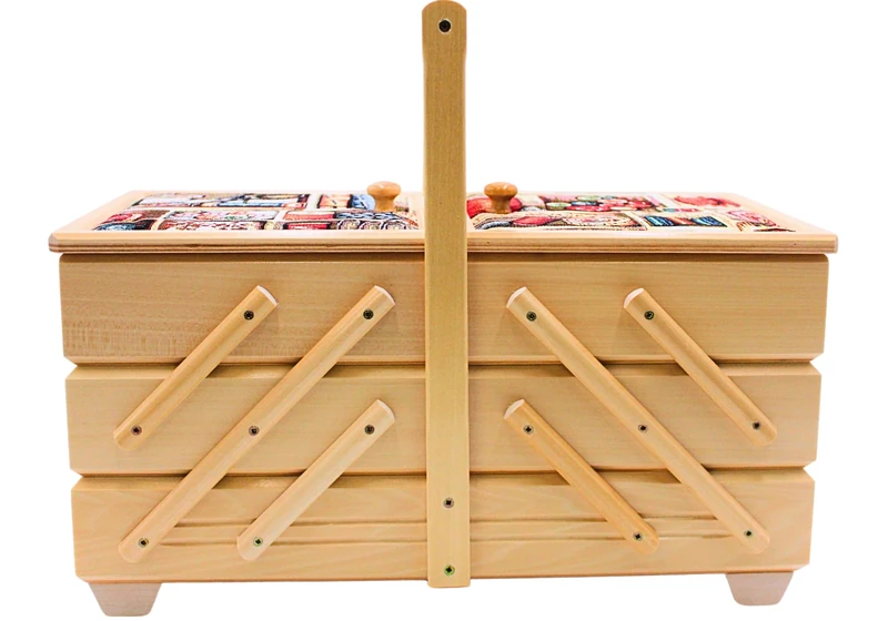High-Quality Sewing Box, Sewing Box Made of Veneer Wood with 7 Compartments and Fabric Cover Needles Motif in Natural, L x W x H 42 x 20 x 21 cm